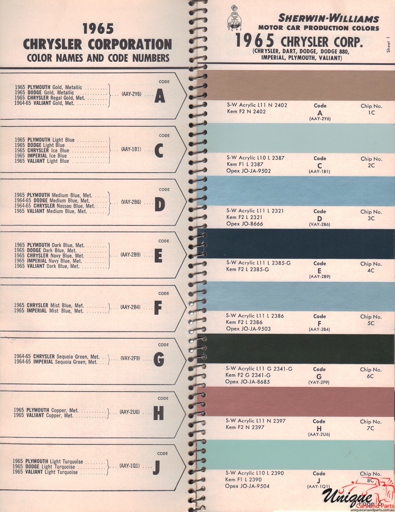 1965 Chrysler Paint Charts Williams 1